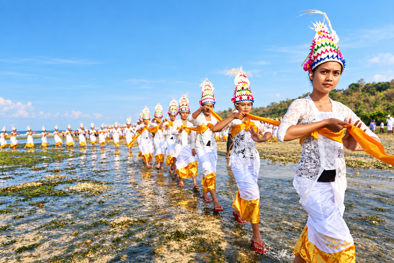 Balinese traditional ceremony procession by the beach in Bali