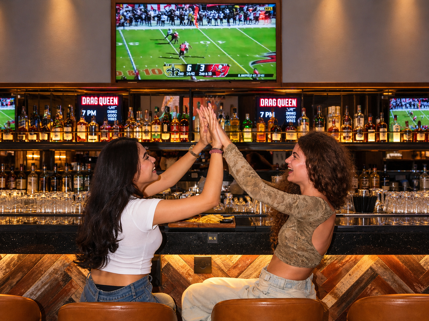 Friends high-fiving while watching a football match at a sports bar.