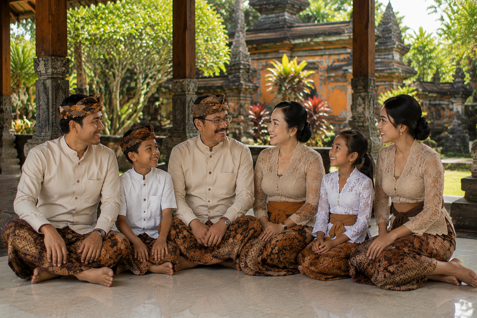 Balinese family wearing traditional attire sitting together in a traditional Balinese temple pavilion surrounded by lush tropical greenery.