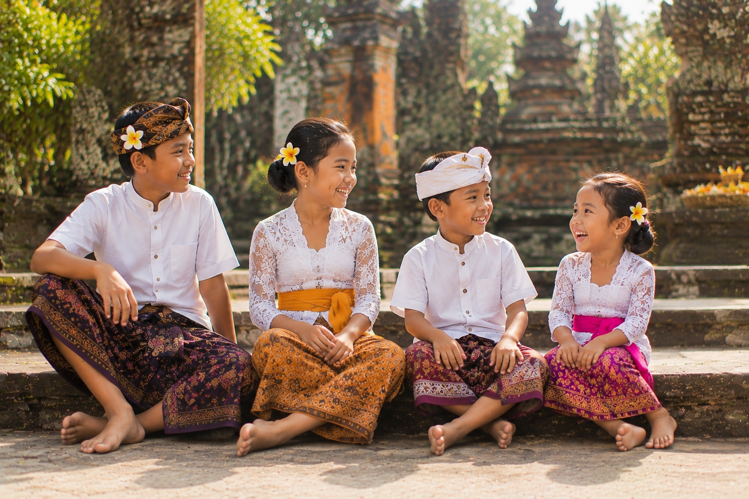 Balinese Children in Traditional Clothing Balinese children wearing traditional clothing sitting together at a temple.