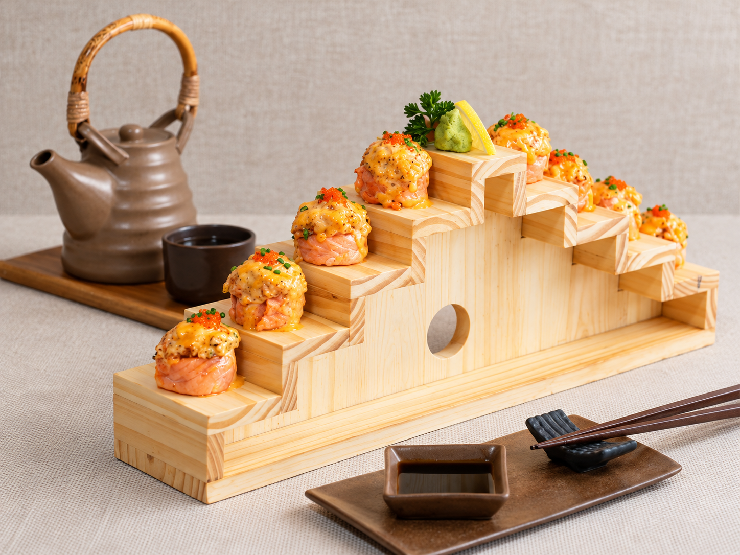 Salmon sushi rolls arranged on a wooden staircase serving platter.