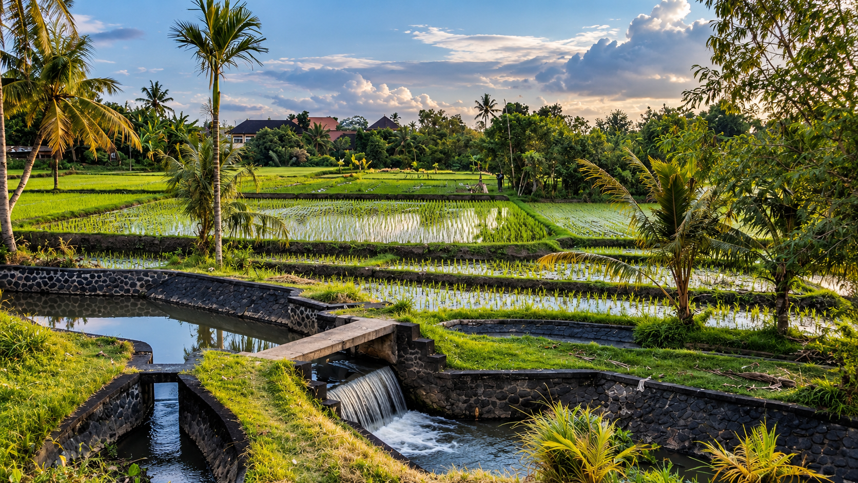 Balinese rice paddies surrounded by palm trees under a golden evening sky.