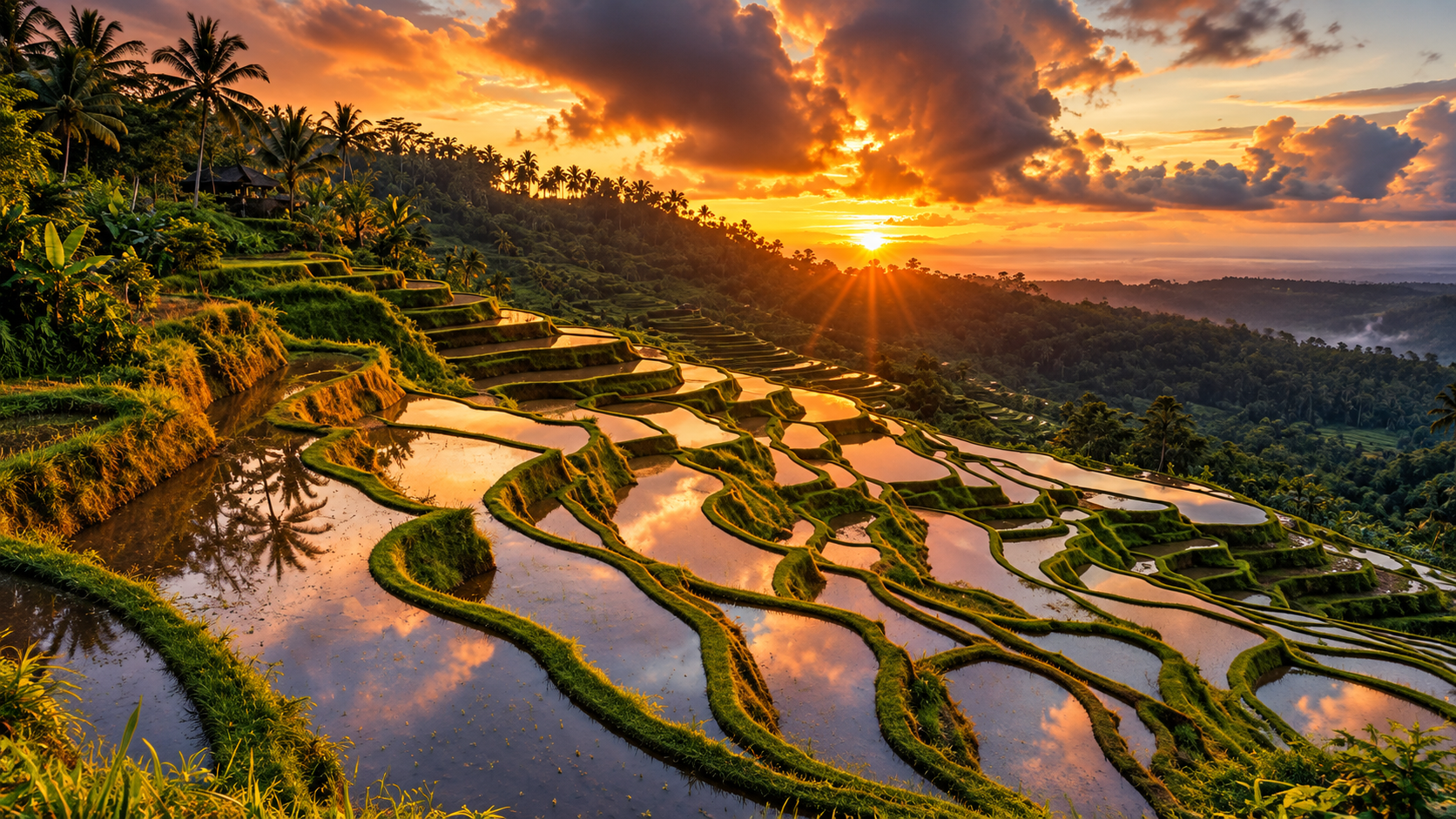 Sunset Over Bali Rice Terraces Sunset casting golden light over terraced rice fields in Bali.