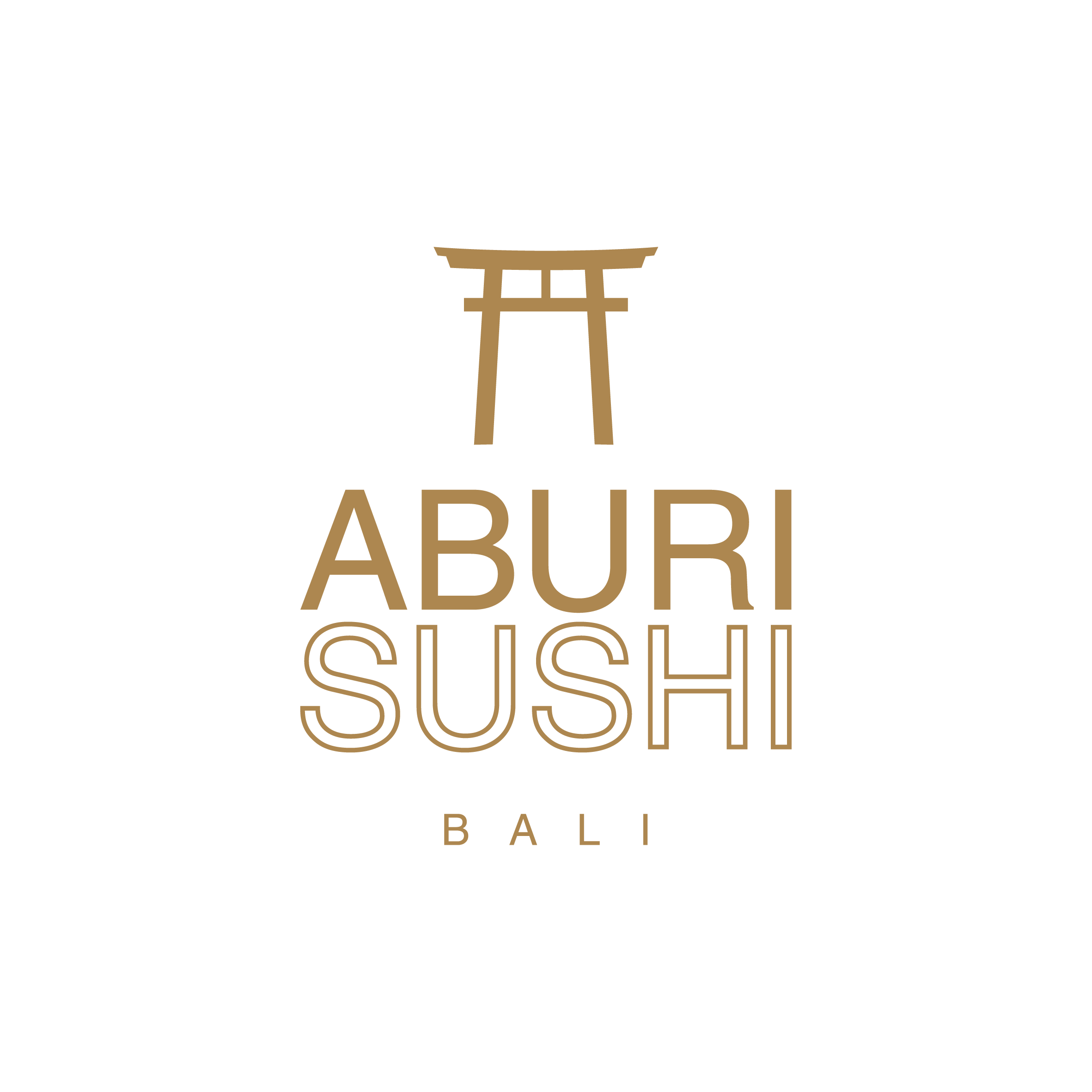 Aburi Sushi logo with a gold Japanese torii gate symbol.