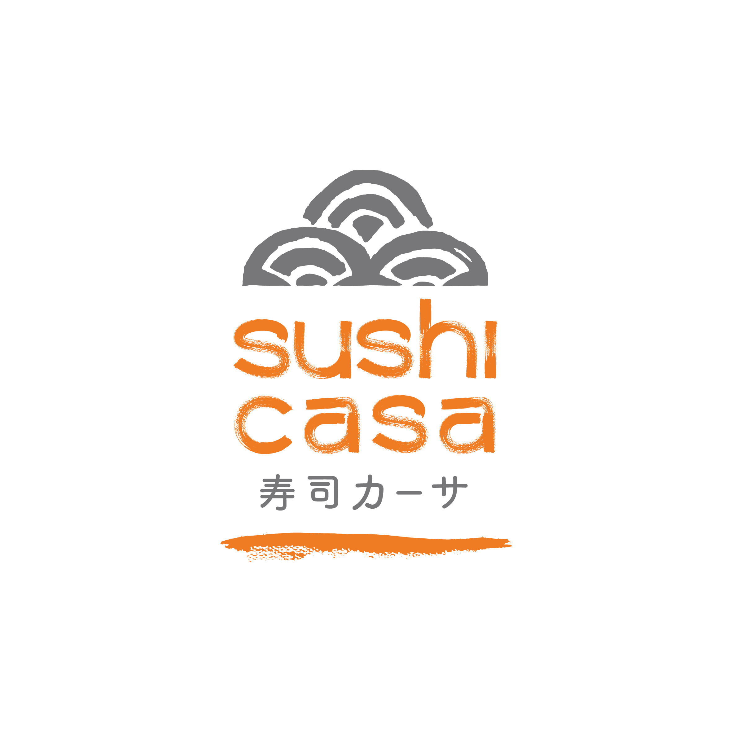 Sushi Casa logo with a grey emblem and orange lettering.