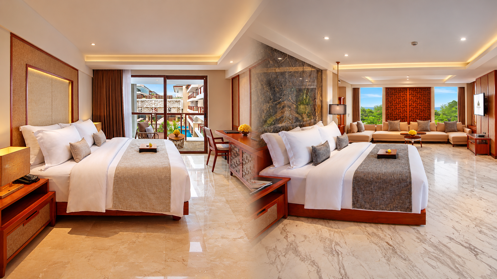 Luxury resort suite with a king bed, lounge area, and balcony.
